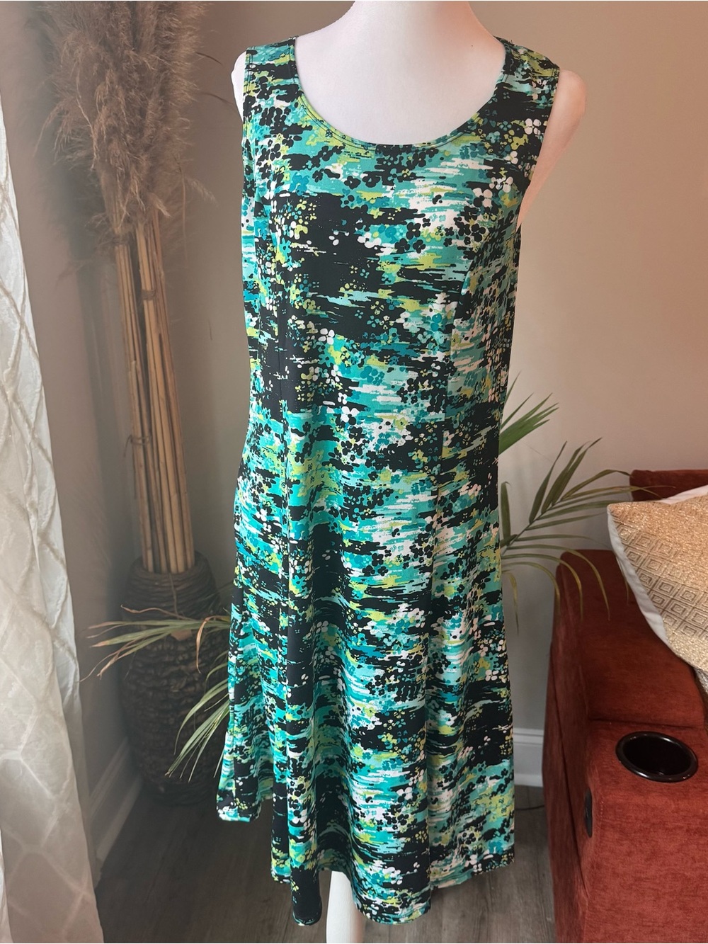 Kim Rogers Teal and Black Abstract Print Sleeveless Dress